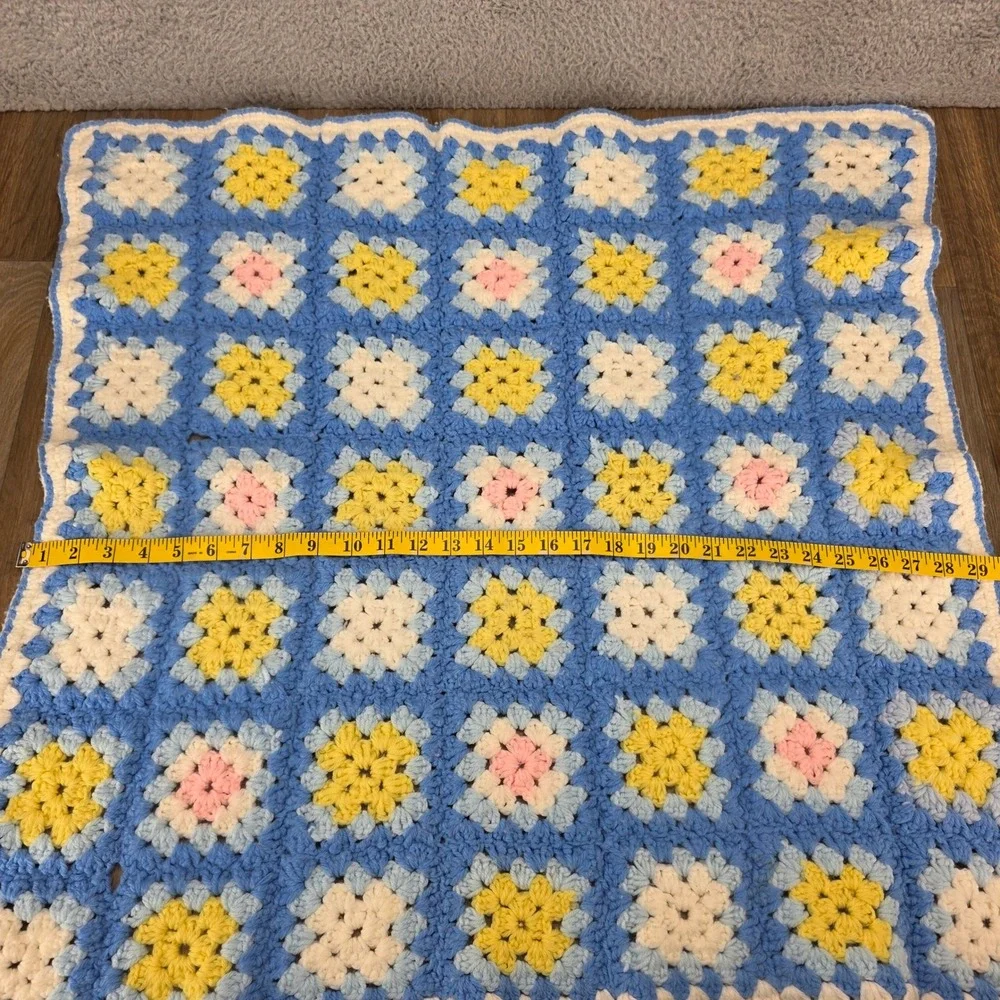 Vintage‎ Handmade Crochet Granny Square Baby Blanket Blue Yellow Pink 29x30